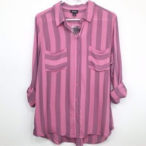 A.N.A. Pink Striped Button Up Lightweight Roll tab Long Sleeve Blouse- NEW